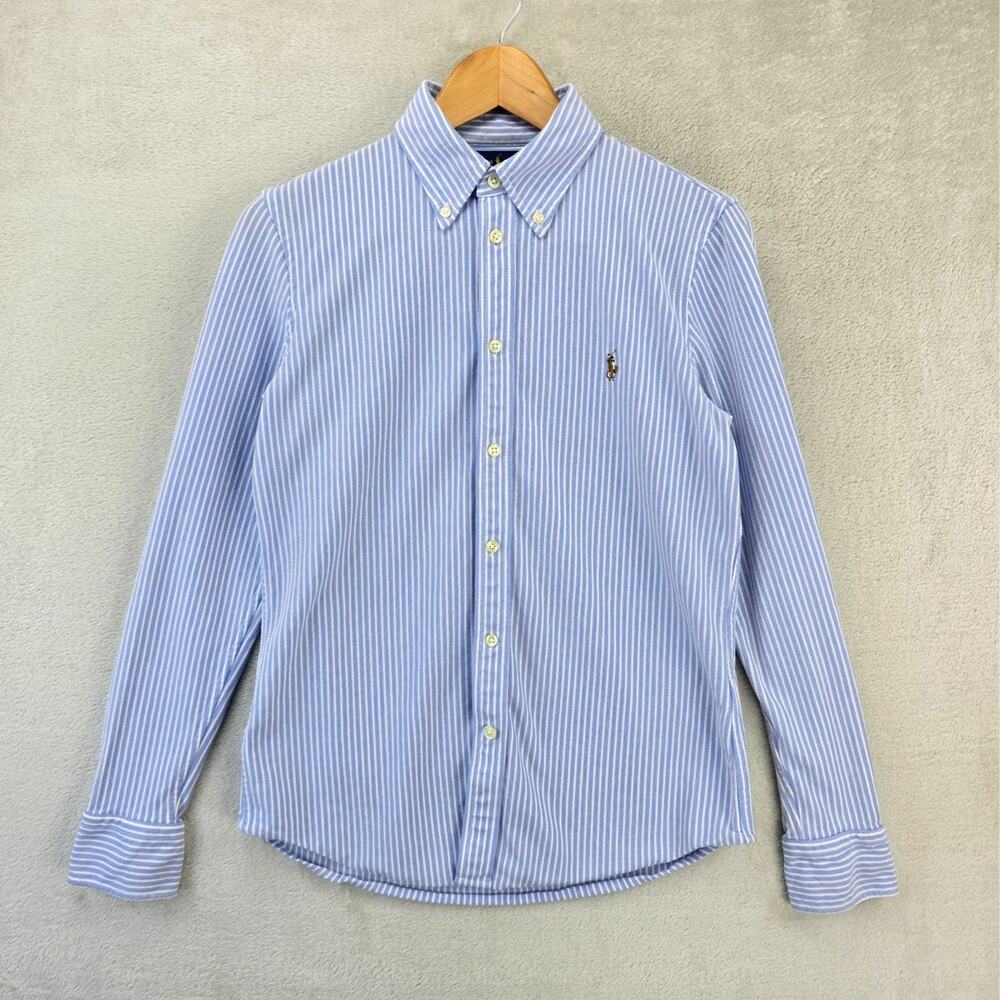 Polo Ralph Lauren Shirt Womens Large Blue Stripe Slim Fit Knit Oxford Flesh Pony